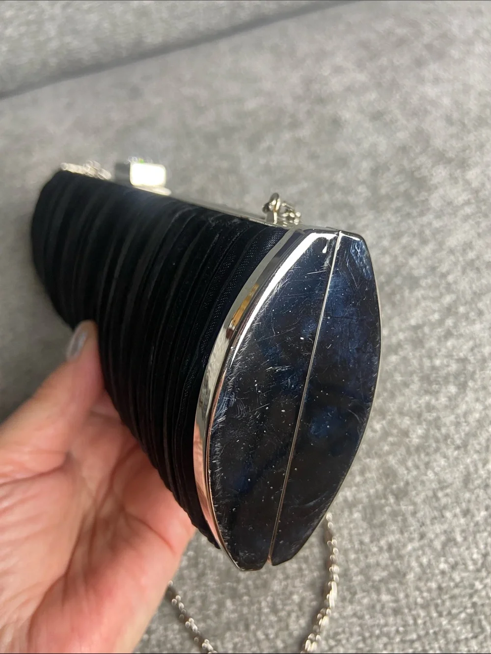 Black Pleated Satin Evening Clutch with Chain Strap